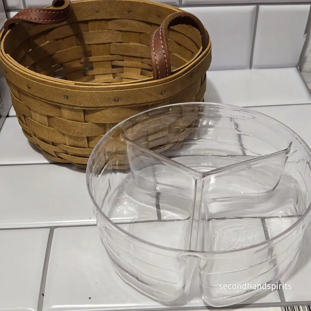 Longaberger Round Button Basket Set w 3-Section Plastic Divided Protector